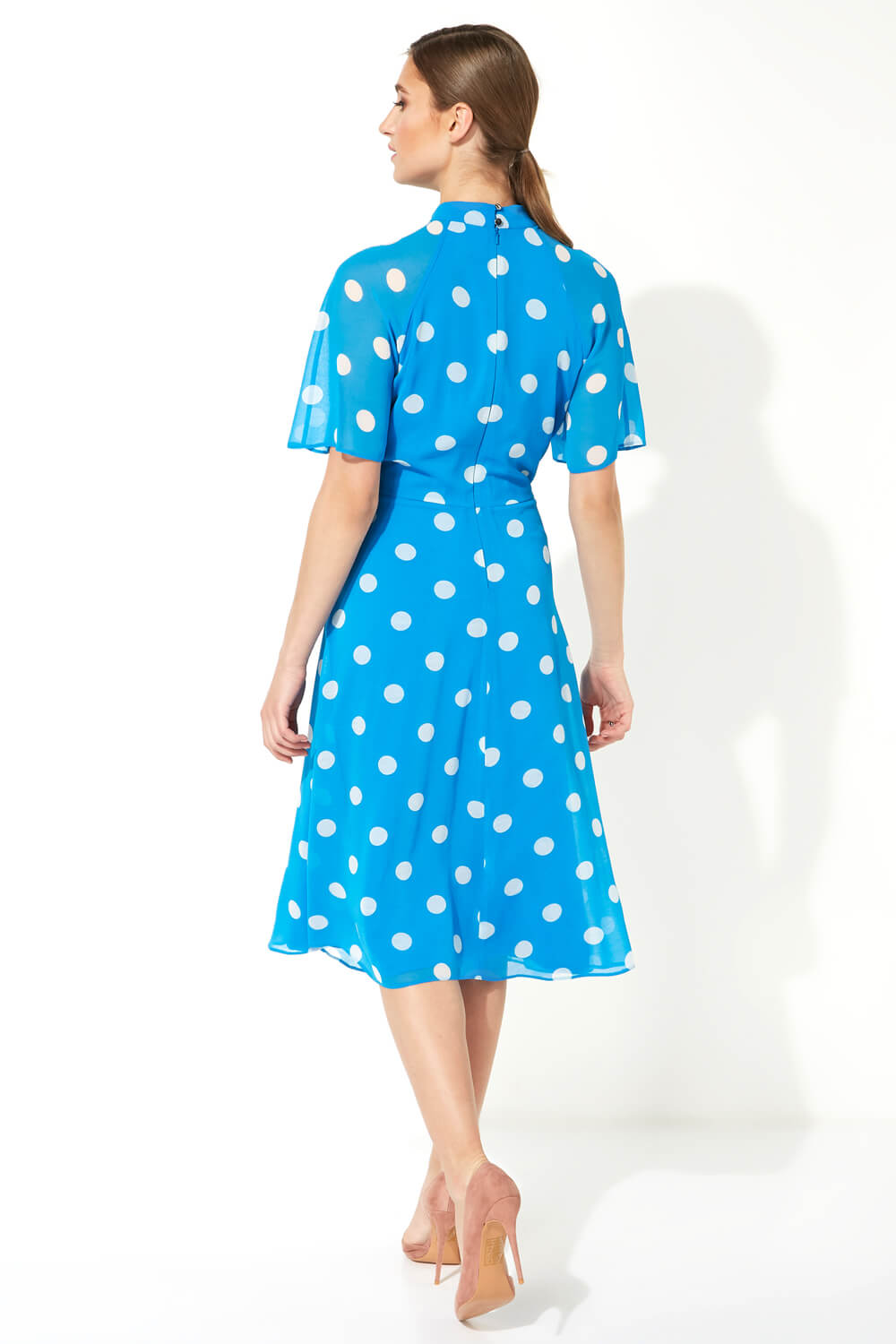 Blue High Neck Spot Midi Dress, Image 2 of 4