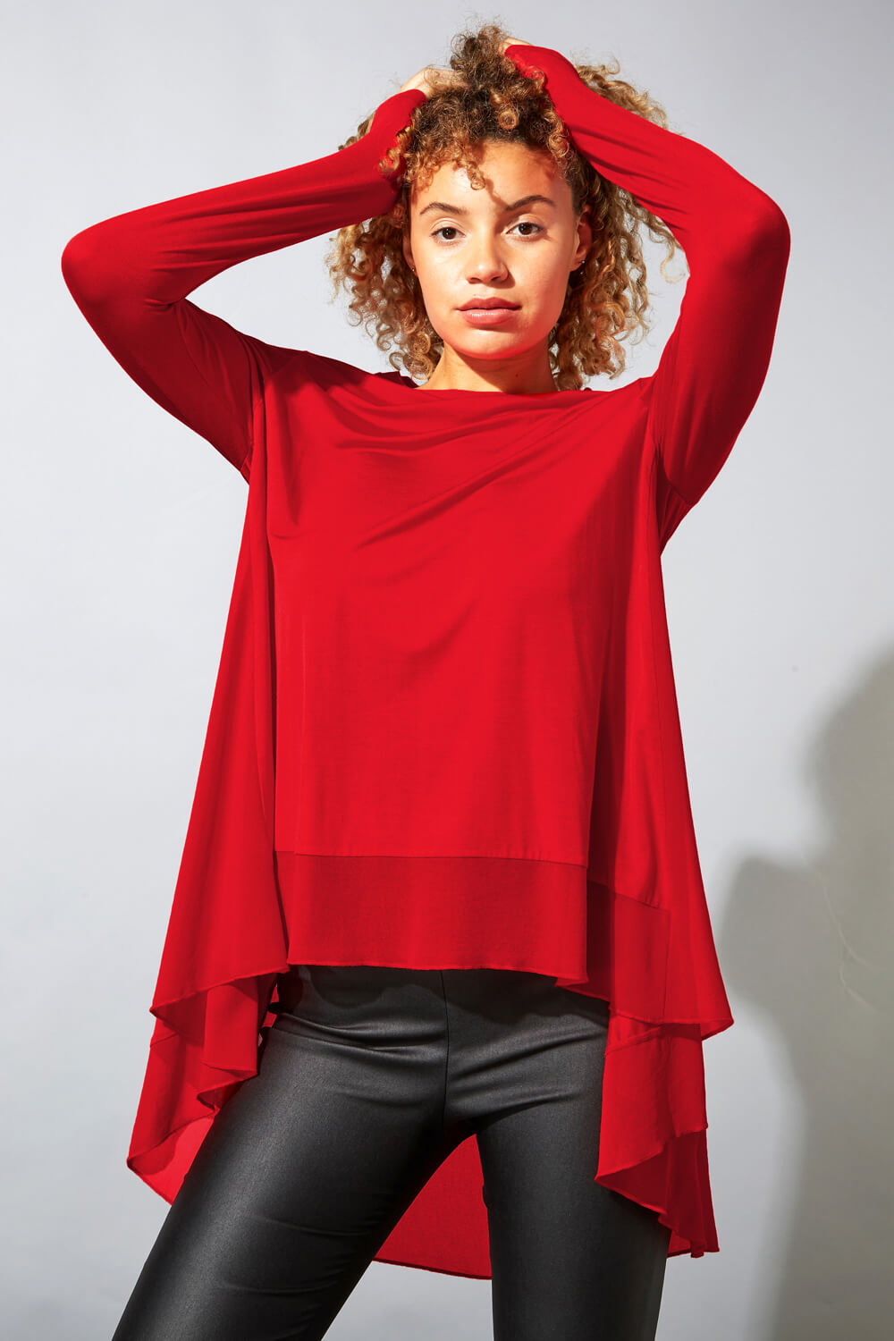 Red Floaty Long Sleeve Dipped Hem Chiffon Detail Top, Image 4 of 5