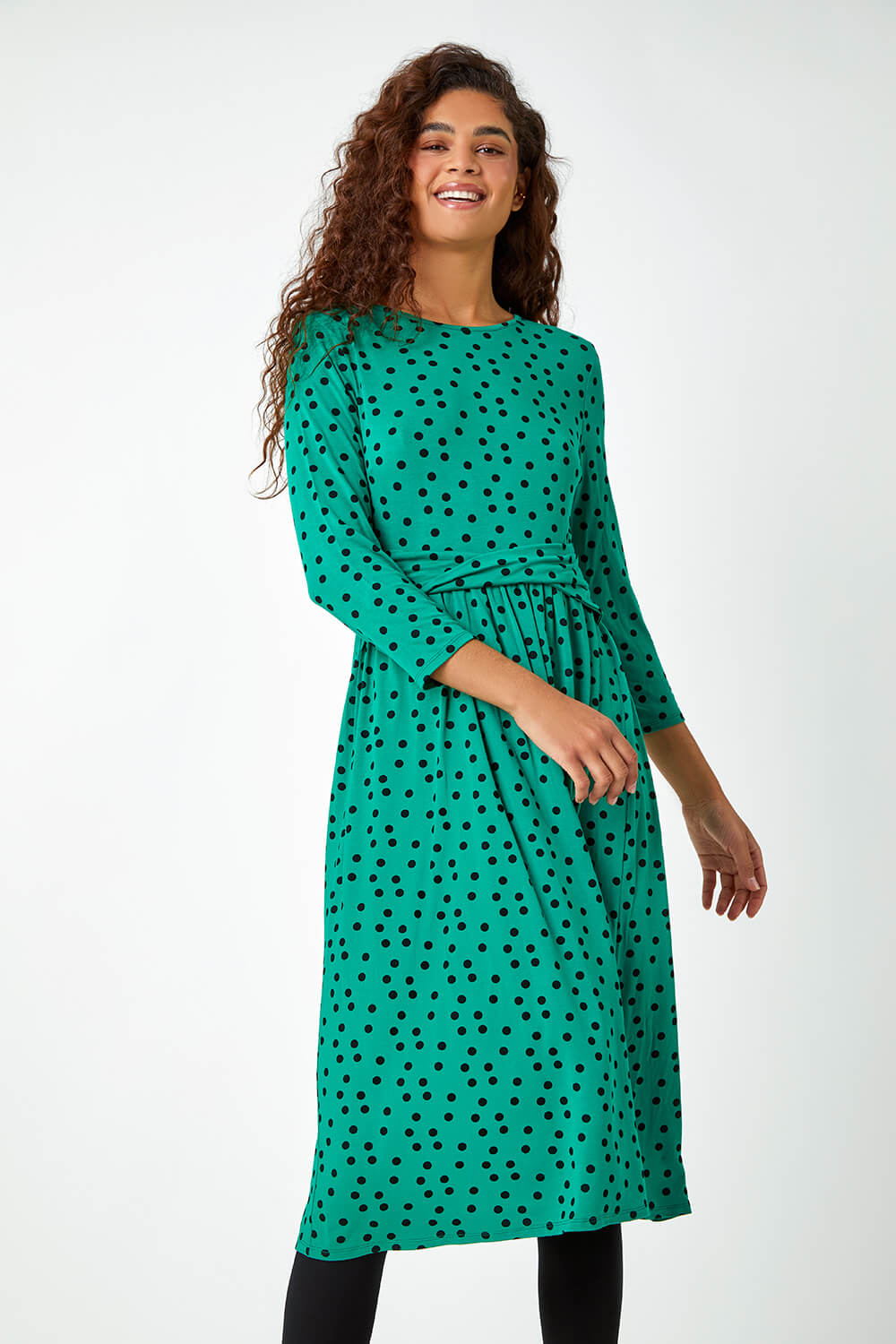 Green Twist Waist Spot Print Stretch Dress, Image 2 of 5
