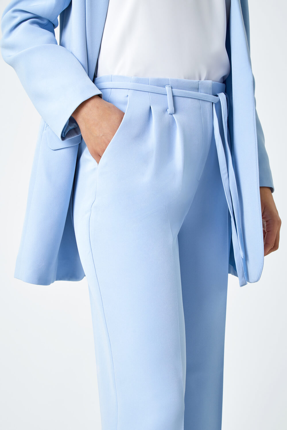 Light Blue  Crepe Stretch Straight Leg Trousers, Image 5 of 7