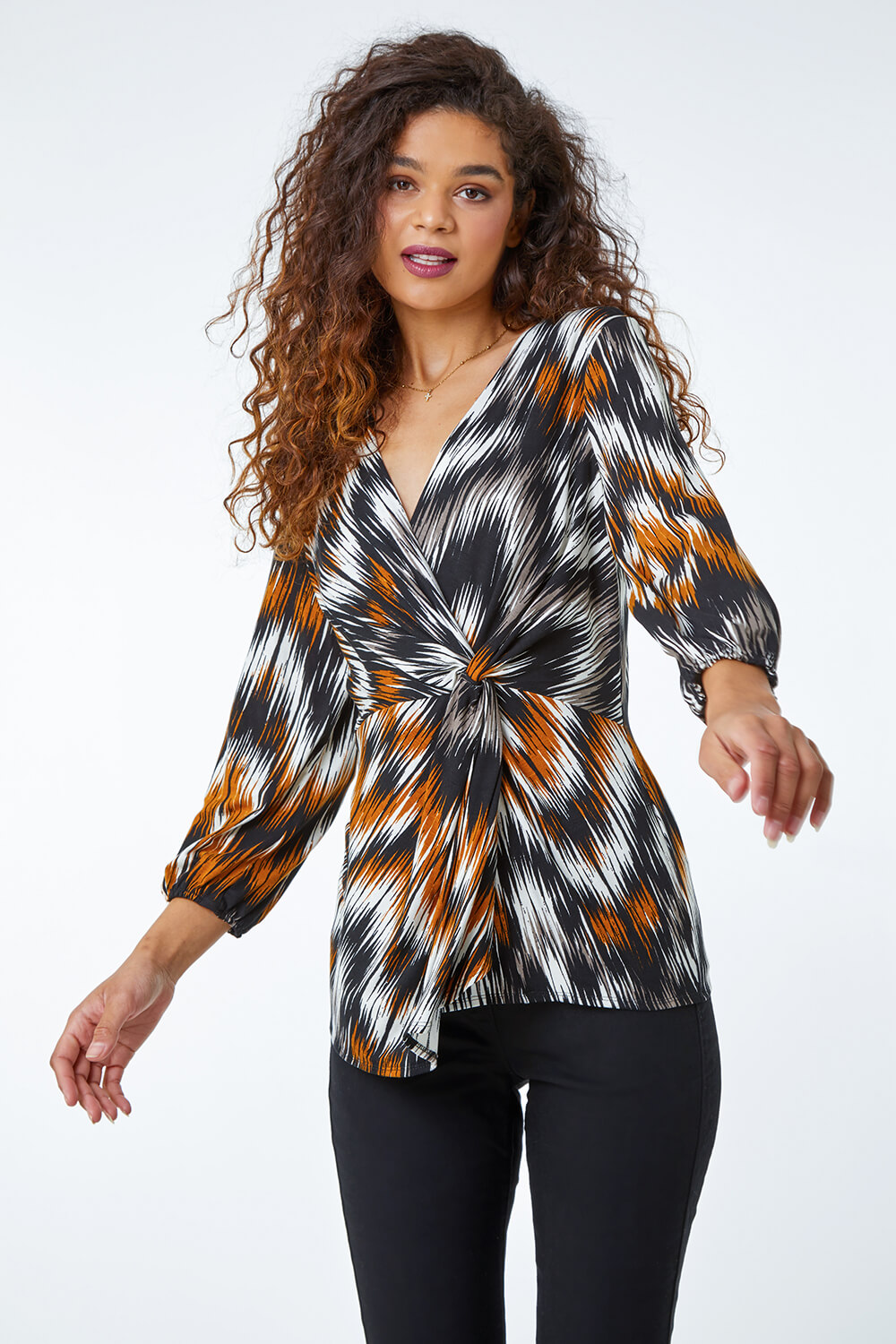 Neutral Abstract Print Twist Detail Top, Image 2 of 5