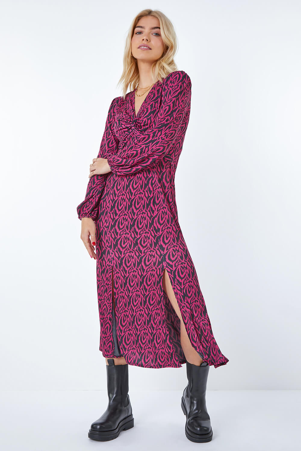 Knot Front Abstract Midi Dress