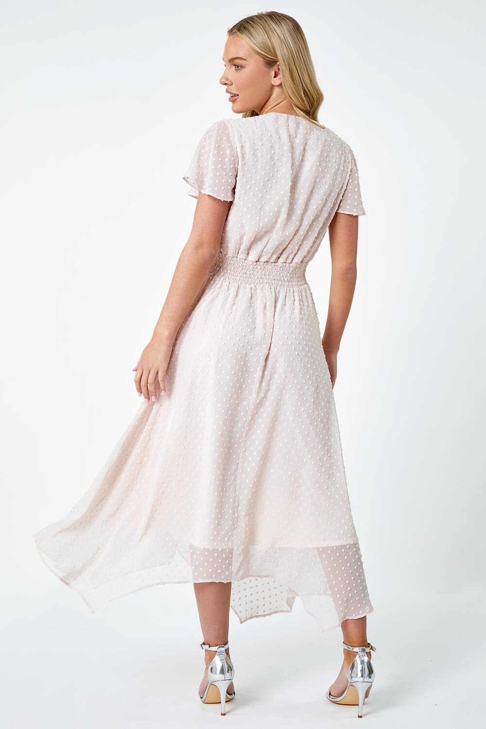 Light Pink Petite Textured Spot Twist Front Midi Dress, Image 3 of 5