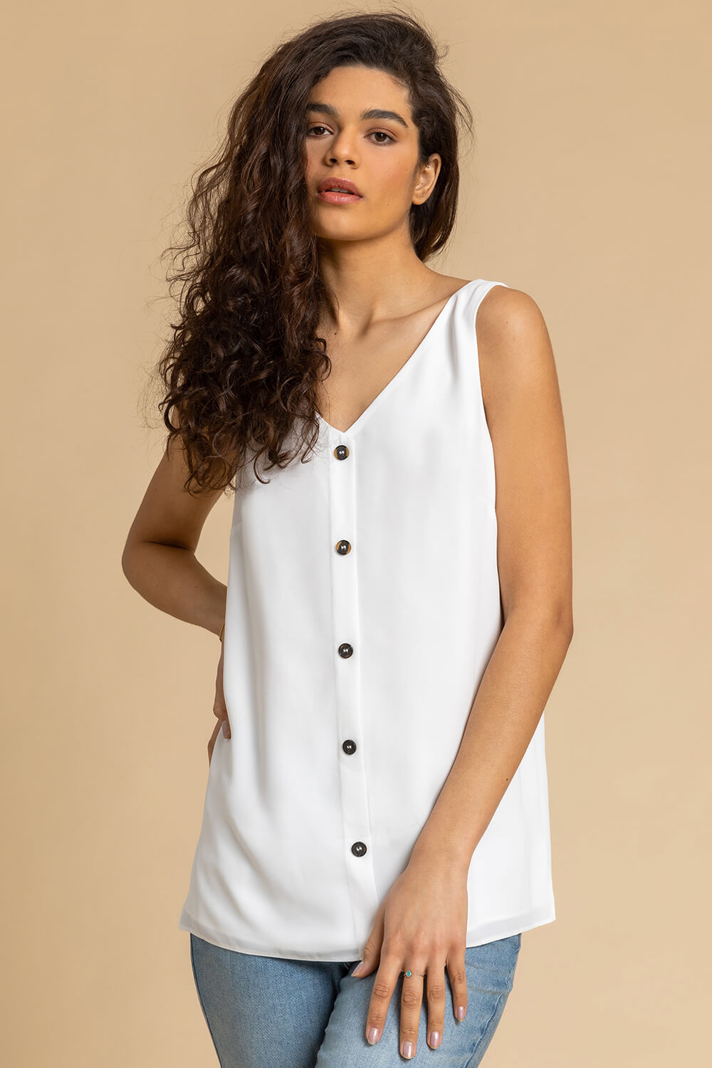 Button Front Sleeveless Top in Ivory - Roman Originals UK