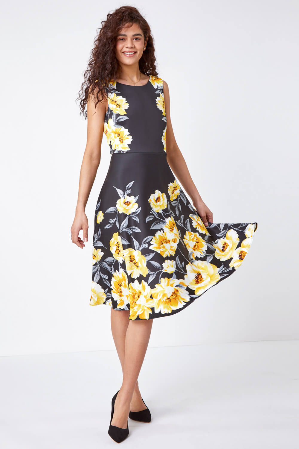 Black Floral Print Premium Stretch Dress, Image 2 of 5