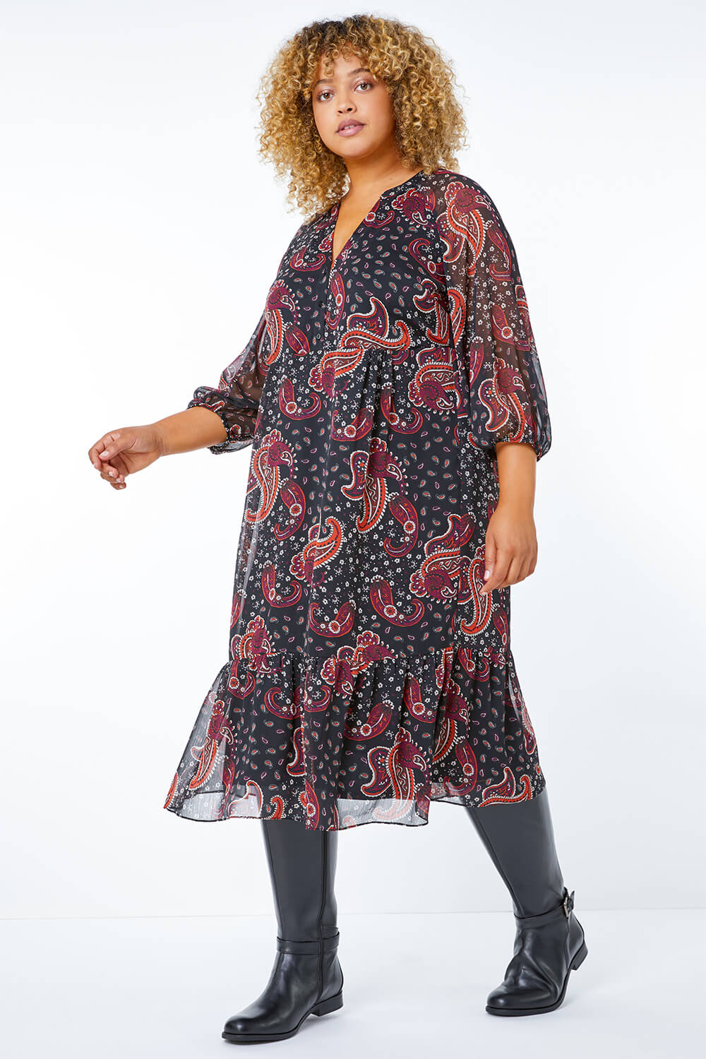Black Curve Paisley Tiered Dress, Image 2 of 5