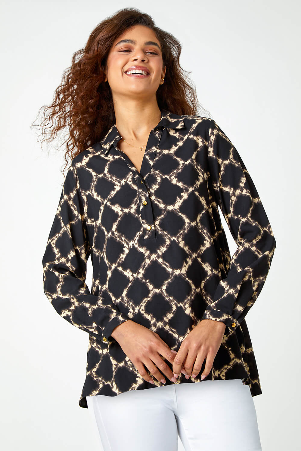 Black Chain Print Collared Top, Image 1 of 5