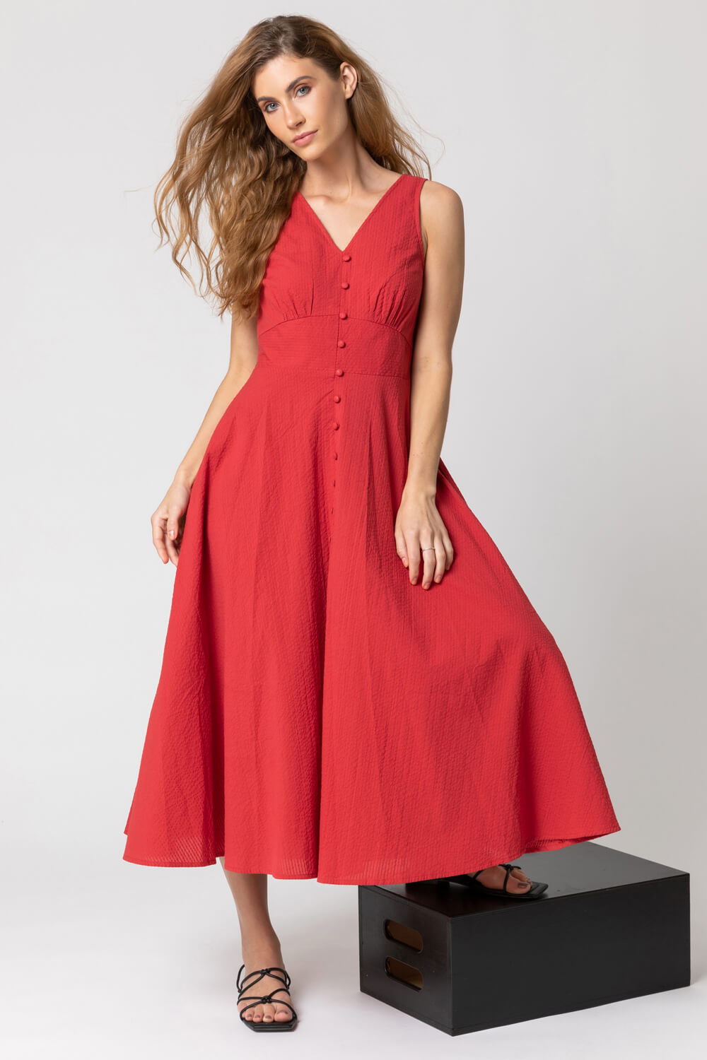 Red Button Detail Cotton Midi Dress, Image 5 of 5