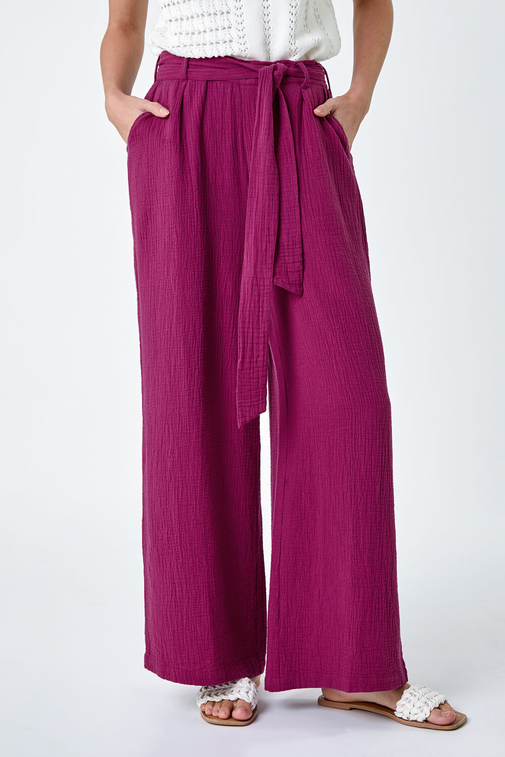 MAGENTA Textured Cotton Wide Leg Trousers, Image 4 of 5