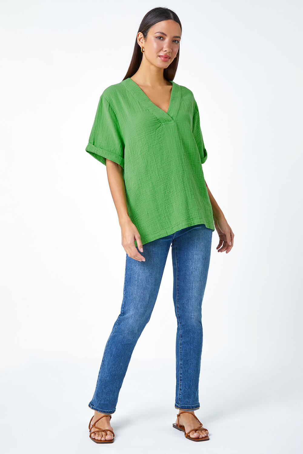 Green Textured Cotton Relaxed T-Shirt, Image 2 of 5