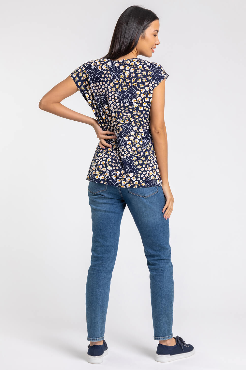 Navy  Floral Tile Print Button Detail Top, Image 2 of 4