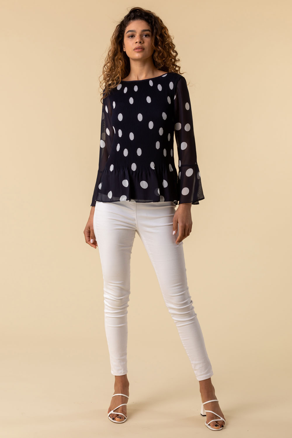 Navy  Spot Flute Sleeve Pleated Top, Image 3 of 4