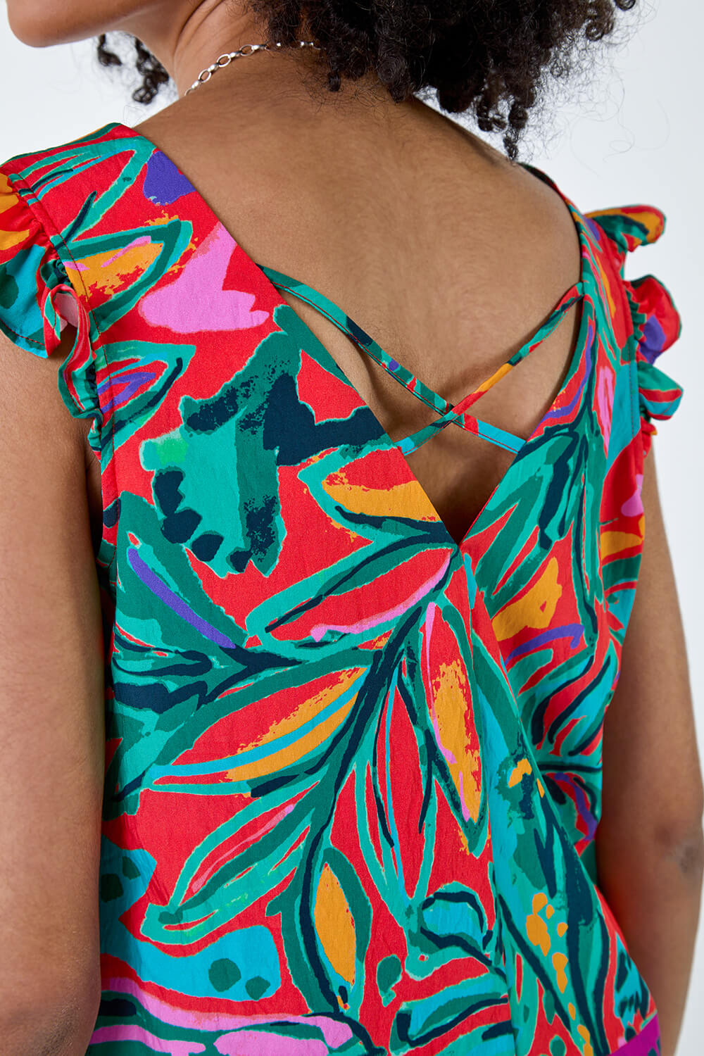 Red Tropical Print Frill Sleeve Vest Top, Image 5 of 5
