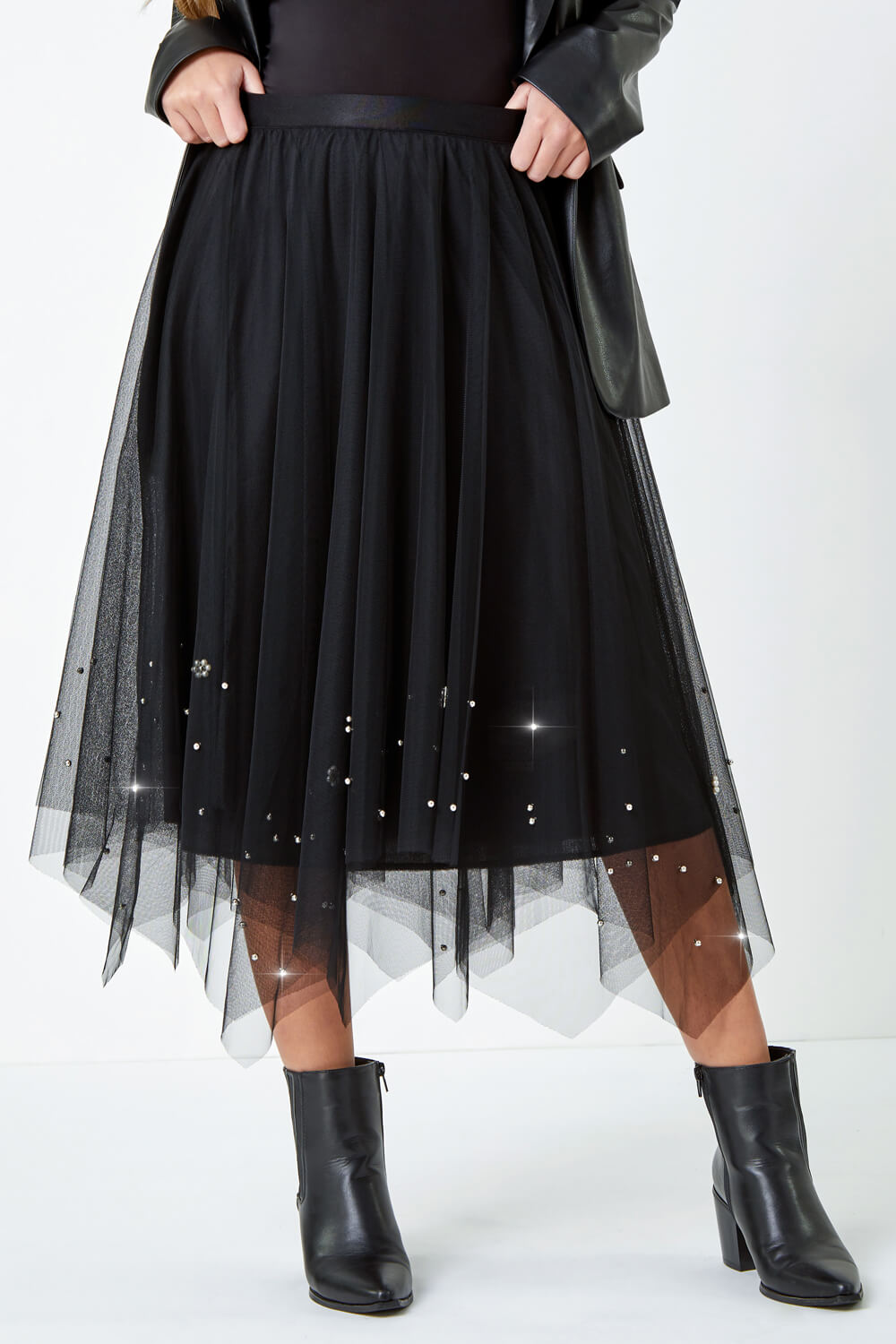 Black Petite Pearl Embellished Mesh Skirt, Image 3 of 5