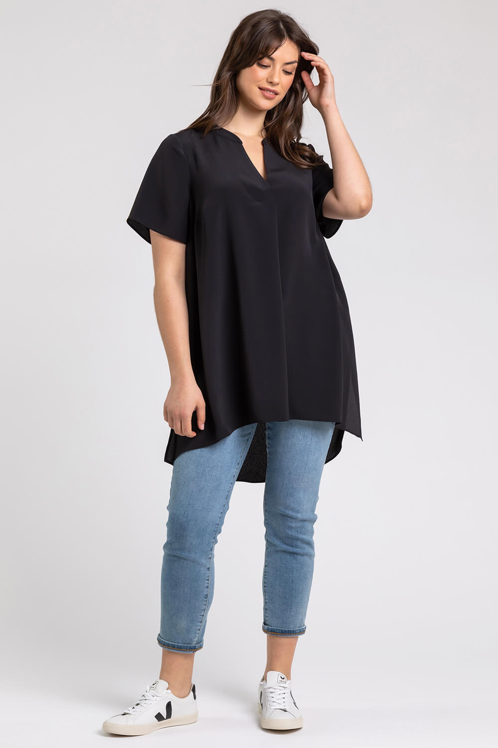 Black Curve Pleat Detail Tunic Top, Image 3 of 4