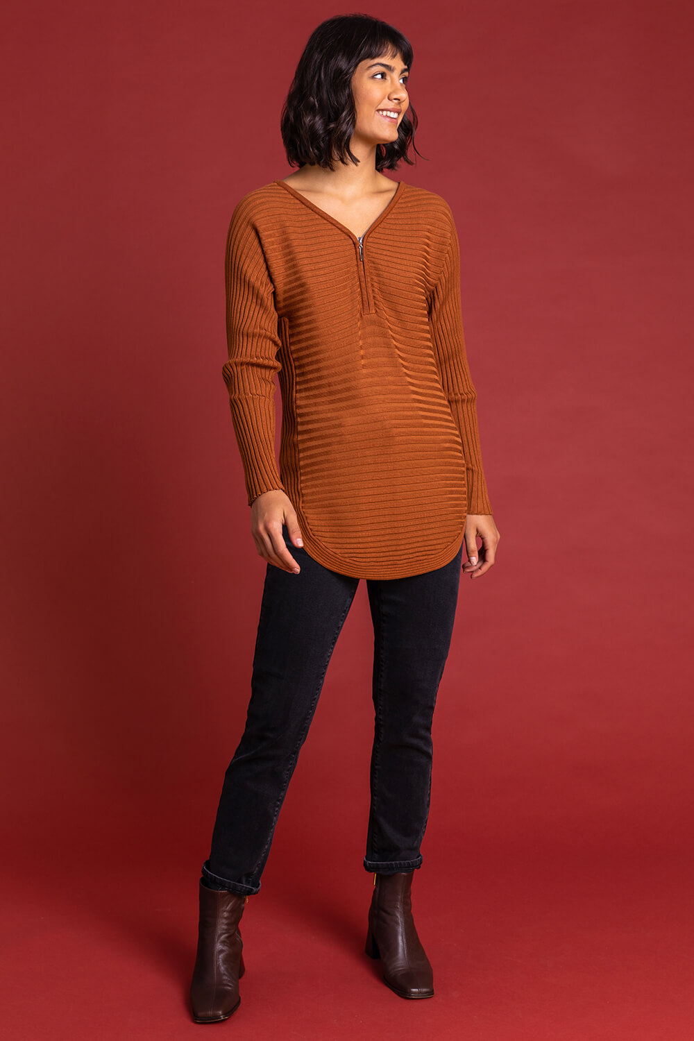 Tan Zip Front V Neck Jersey Long Sleeve Top, Image 3 of 5