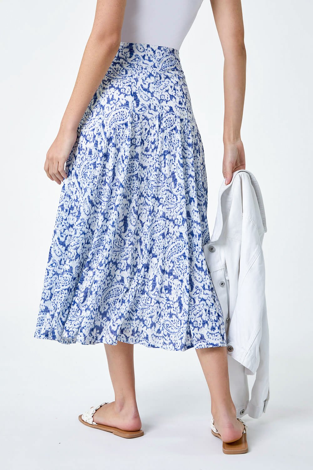 Blue Paisley Print Stretch Midi Skirt, Image 3 of 5