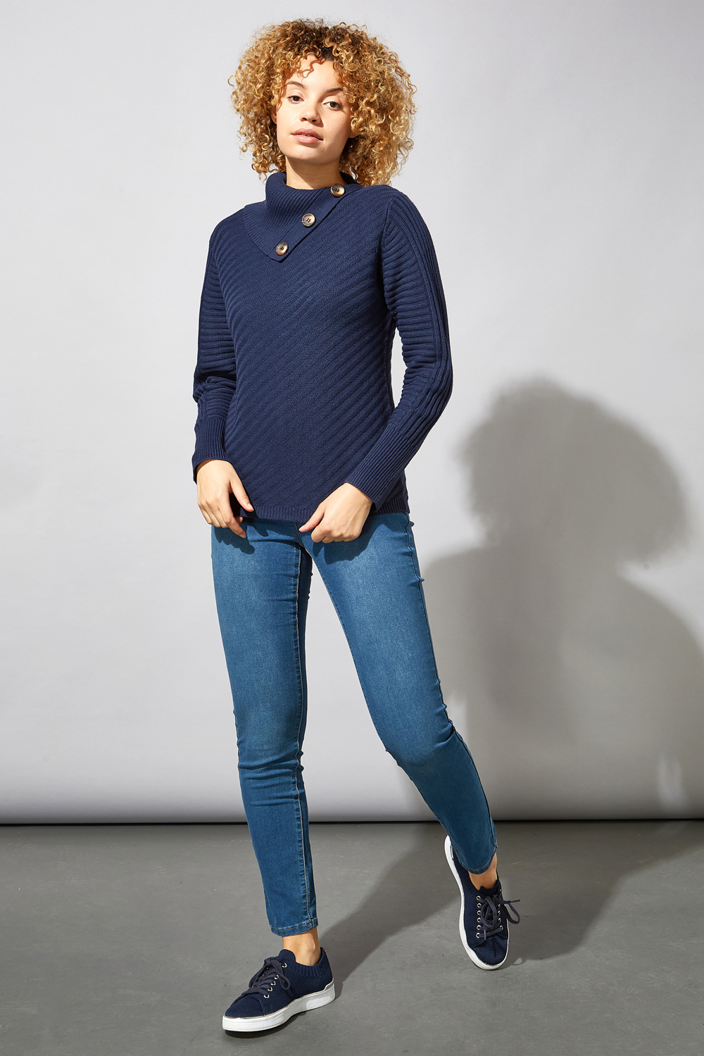 Navy  Textured Knit Button Detail Jumper, Image 2 of 4