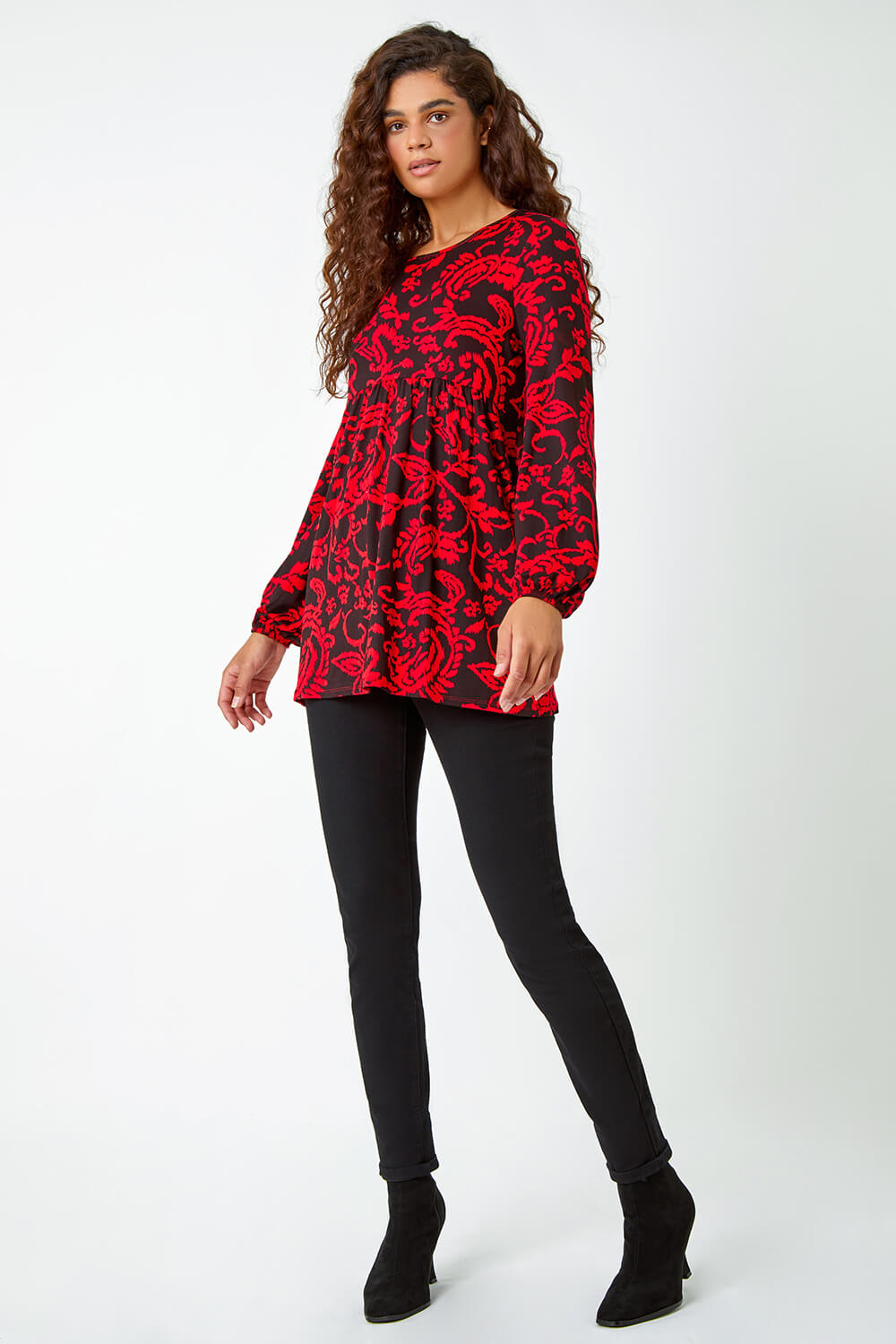 Red Floral Pocket Detail Tunic Stretch Top, Image 2 of 5