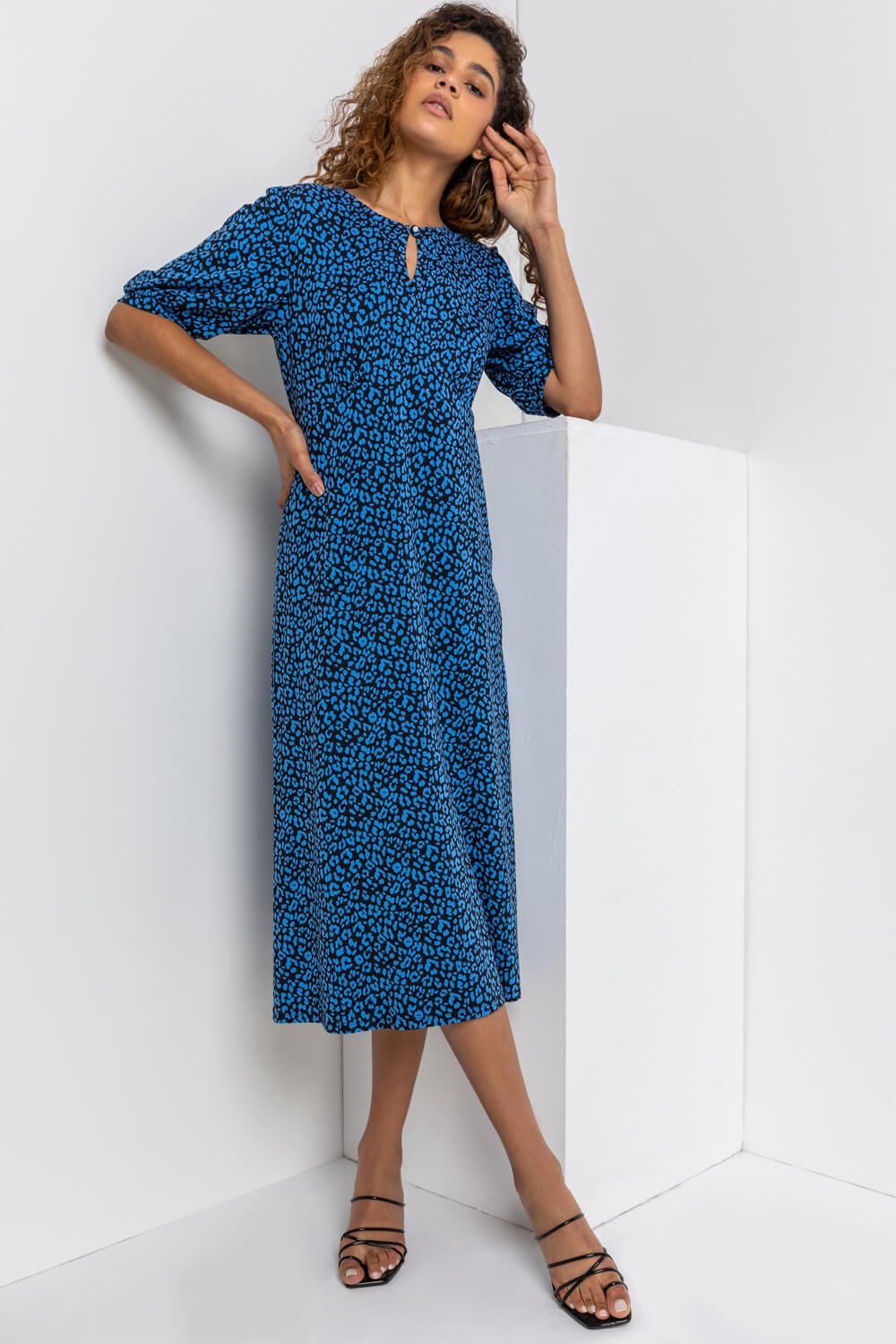 Royal Blue Animal Print Stretch Midi Dress Roman UK