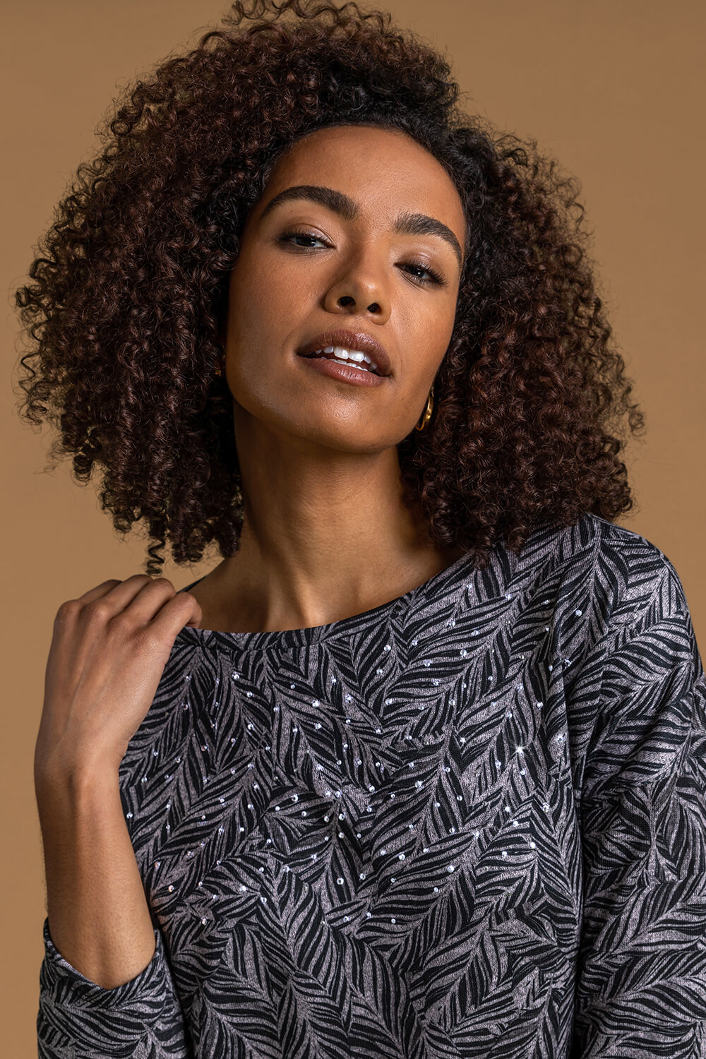 Black Embellished Feather Print Top, Image 2 of 5