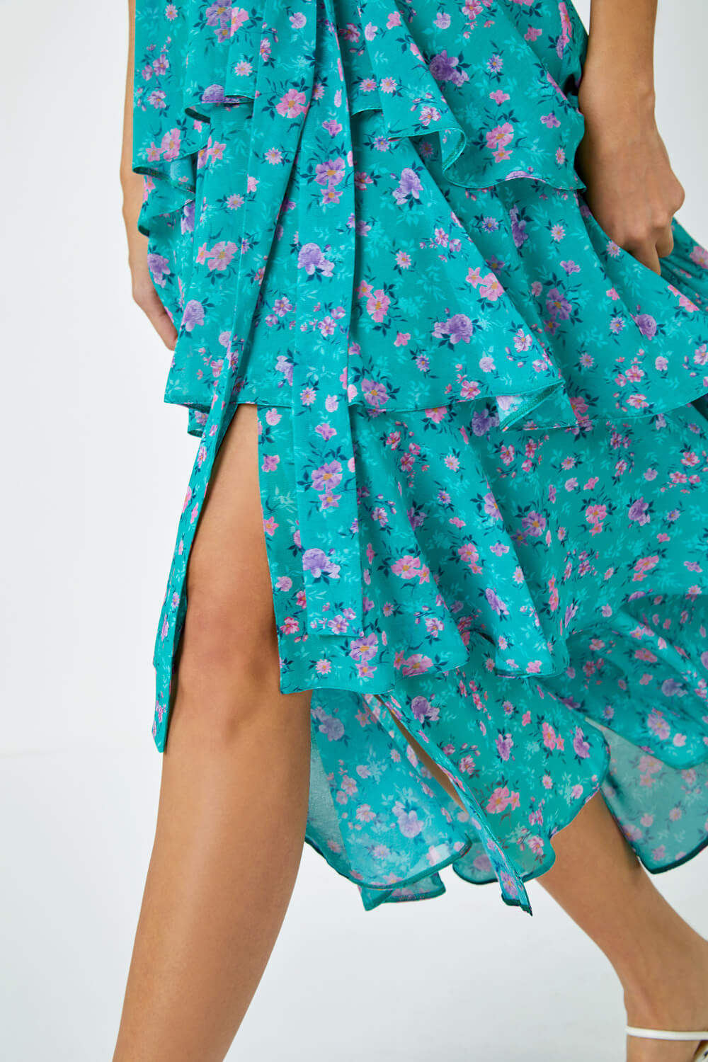 Green Floral Print Tiered Midi Dress, Image 6 of 6