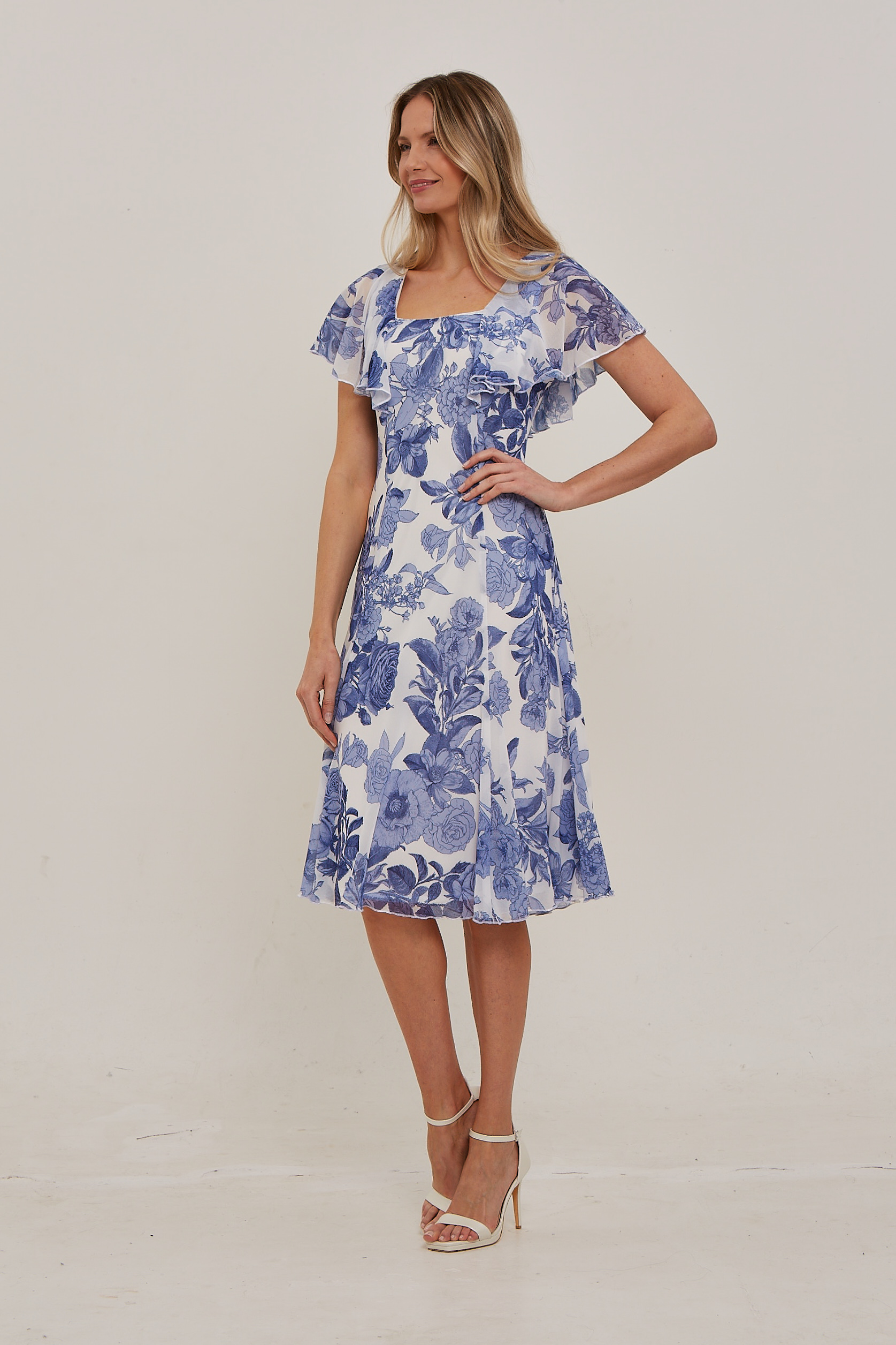 Blue Julianna Floral Chiffon Cape Dress, Image 3 of 5