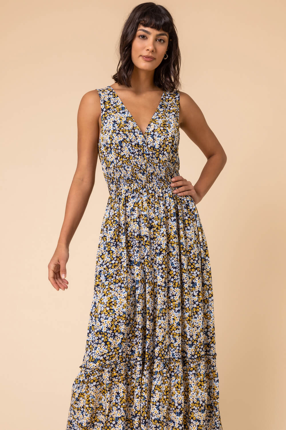 Ditsy Floral Shirred Waist Midi Dress in Multi - Roman Originals UK