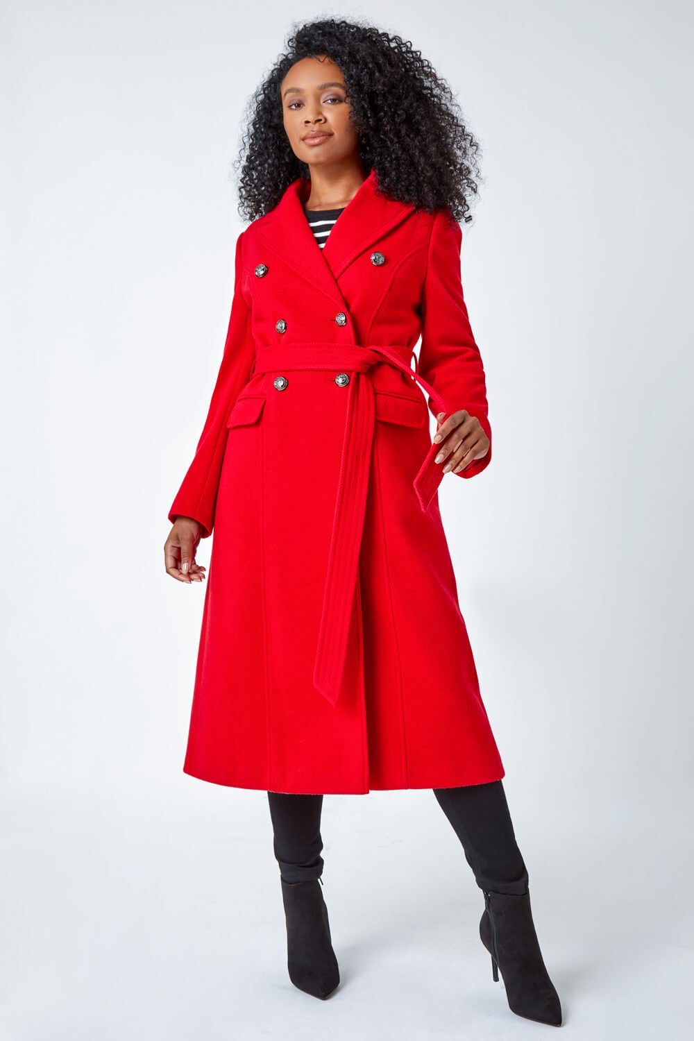 Red Petite Longline Belted Military Coat, Image 2 of 5