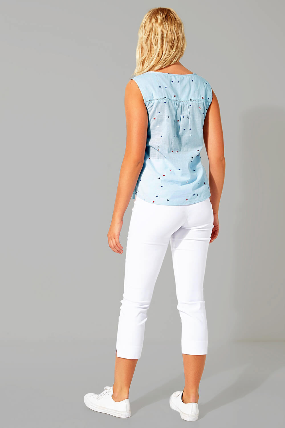 Light Blue  Embroidered Sleeveless Button Blouse, Image 3 of 4