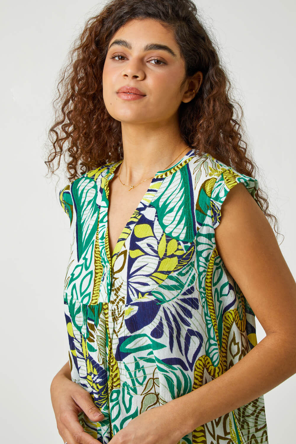 Green Abstract Leaf Print Frill Blouse | Roman UK
