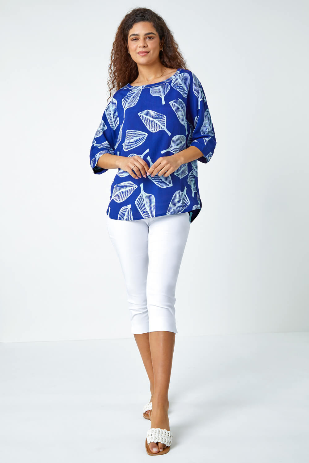 Blue Leaf Print Relaxed Tunic Top, Image 2 of 5