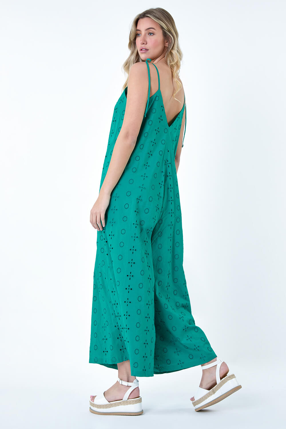 Turquoise Cotton Broderie Pocket Wide Leg Jumpsuit, Image 3 of 5