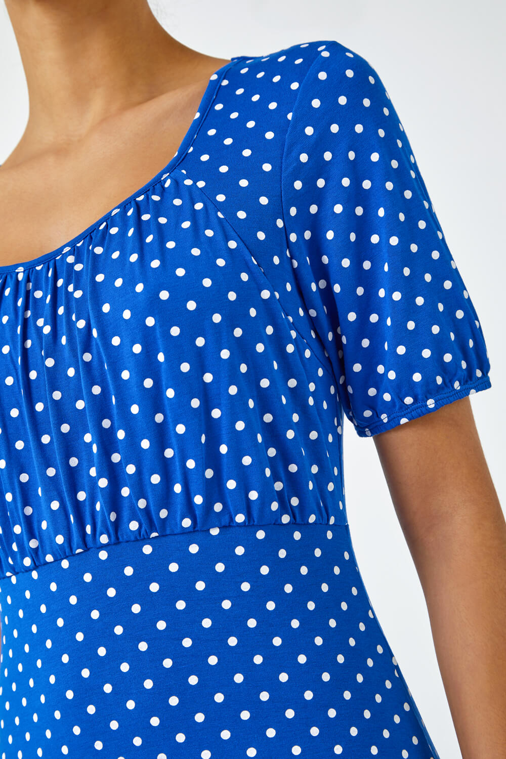 Royal Blue Polka Dot Print Stretch Dress, Image 5 of 5