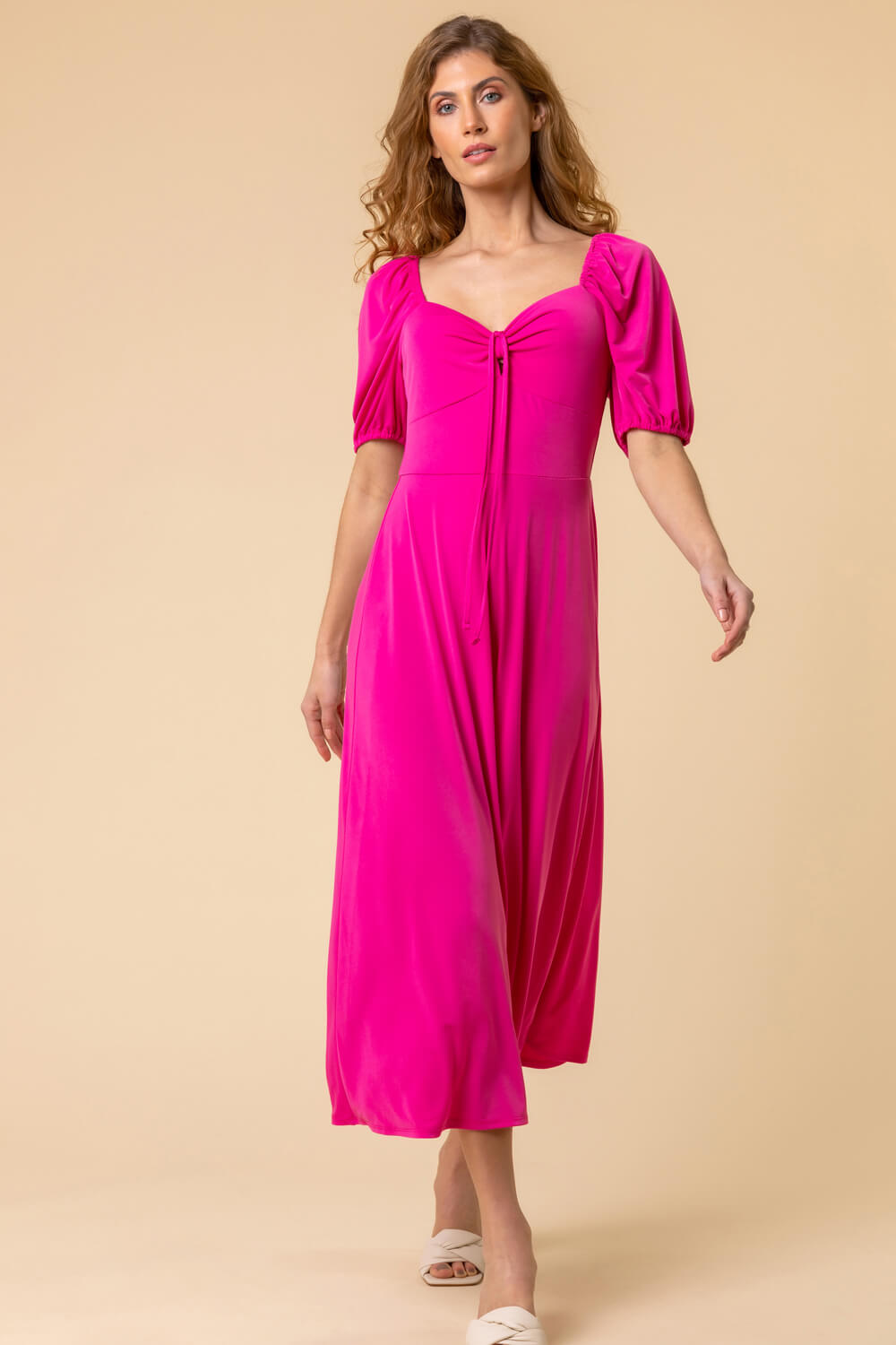 Fuchsia Ruched Jersey Tie Detail Midi Dress, Image 4 of 4