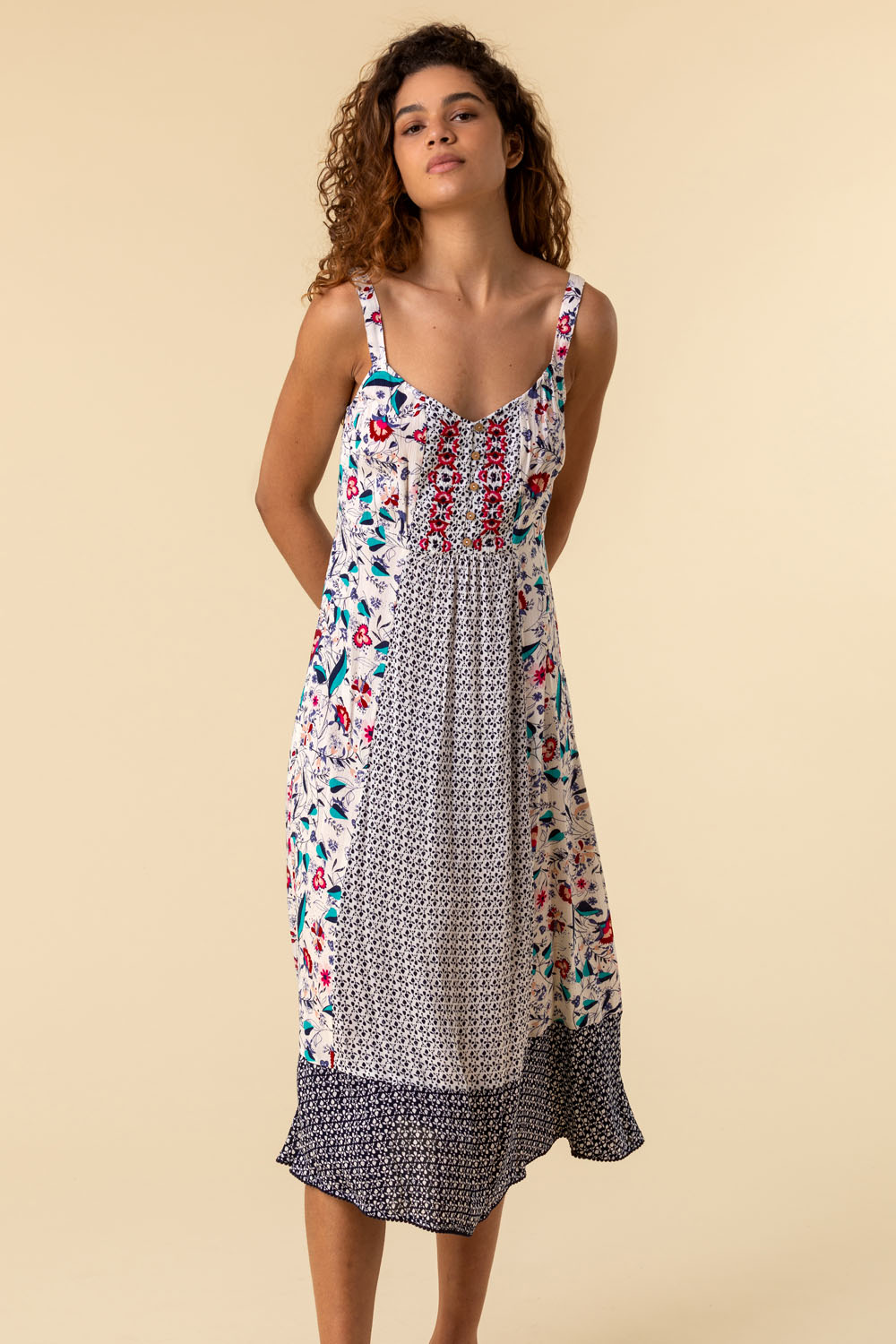 Ivory  Geo Floral Print Strappy Sun Dress, Image 4 of 4