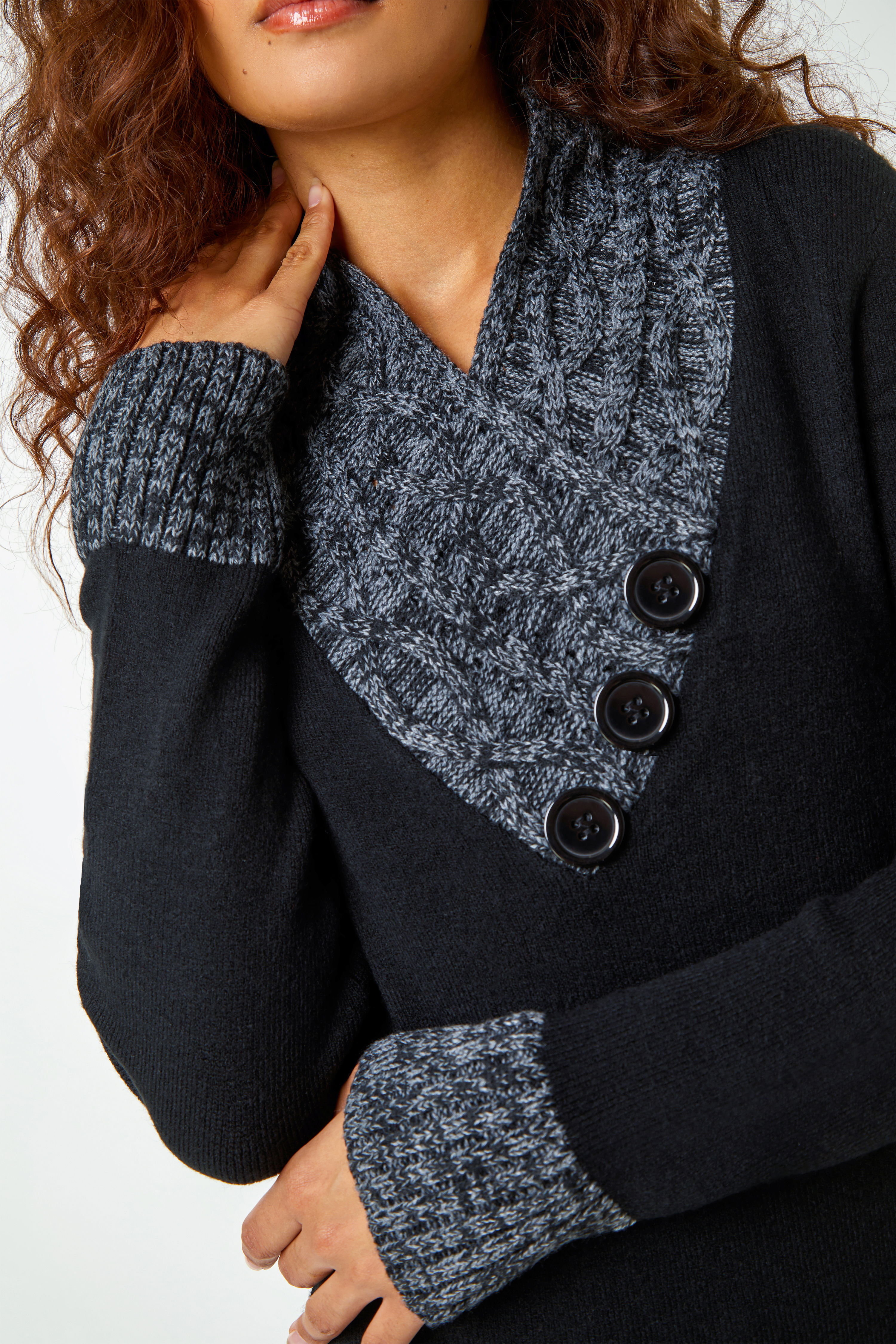 Black Contrast Button Detail Knit Dress, Image 5 of 5
