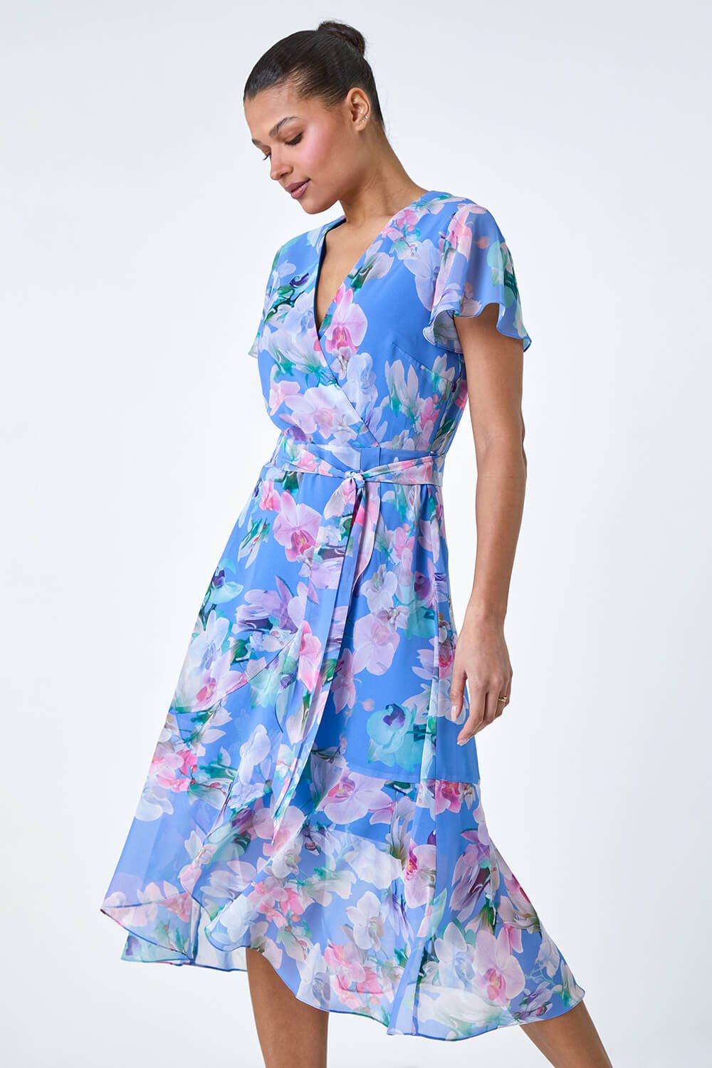 Light Blue Floral Frill Detail Wrap Dress | Roman UK