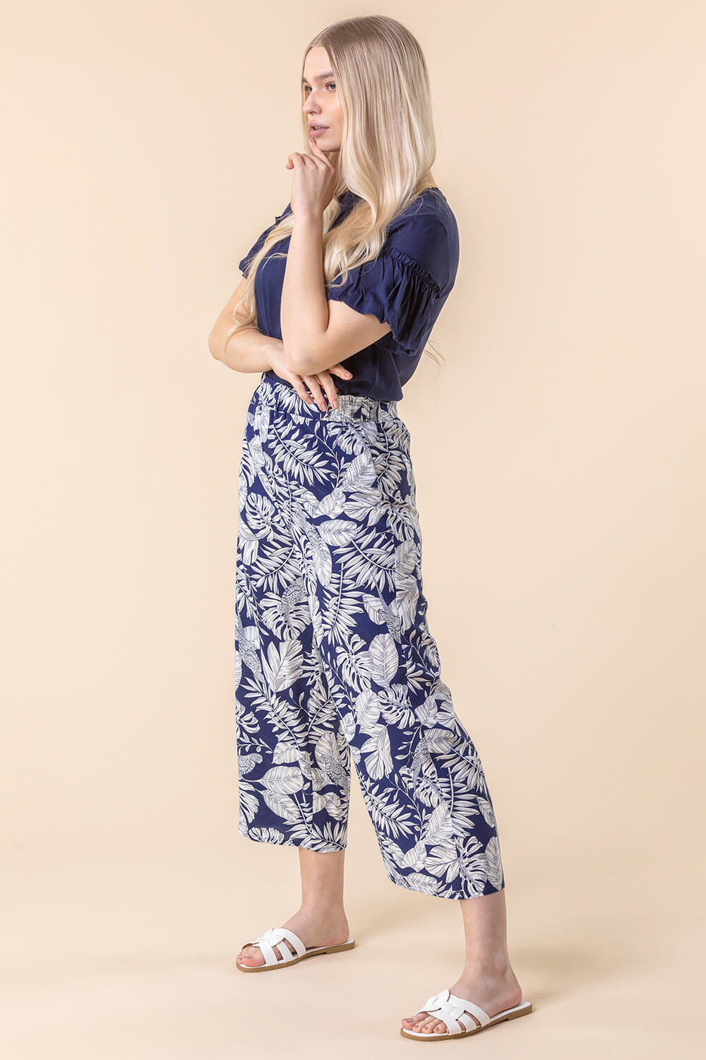 Navy  Bird Leaf Print Culotte Trousers, Image 3 of 4