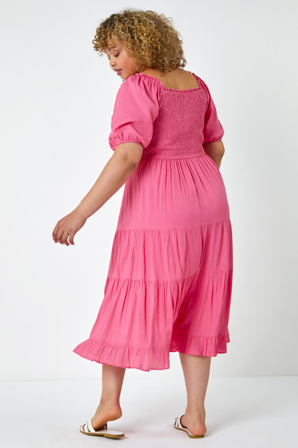 PINK Curve Shirred Tiered Midi Dress, Image 3 of 5