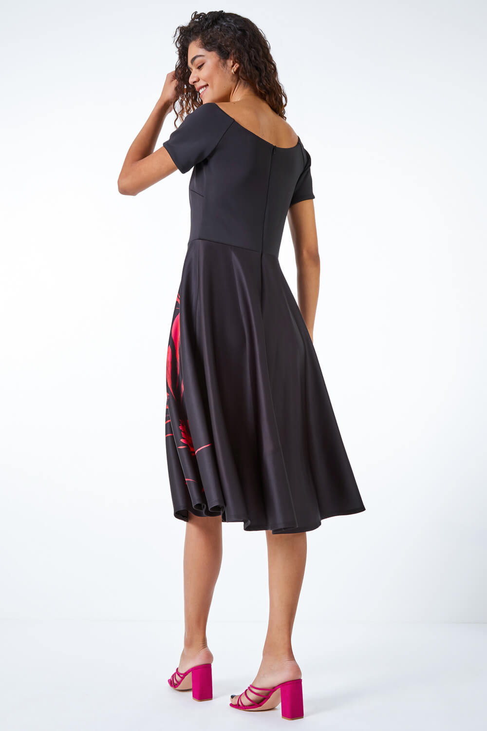 Black Floral Fit & Flare Bardot Dress, Image 3 of 5