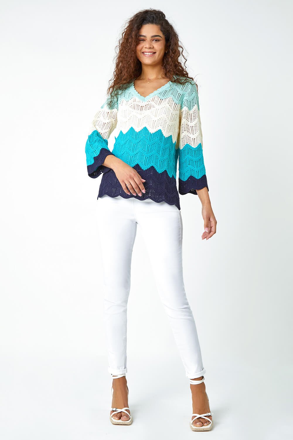 Turquoise Colour Block Crochet Knit Scalloped Jumper, Image 2 of 5