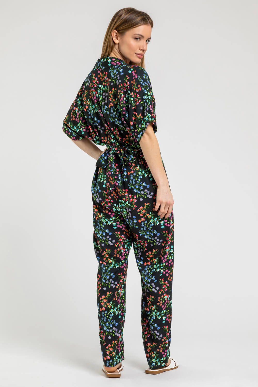 Black Petite Ditsy Floral Collar Jumpsuit, Image 2 of 5