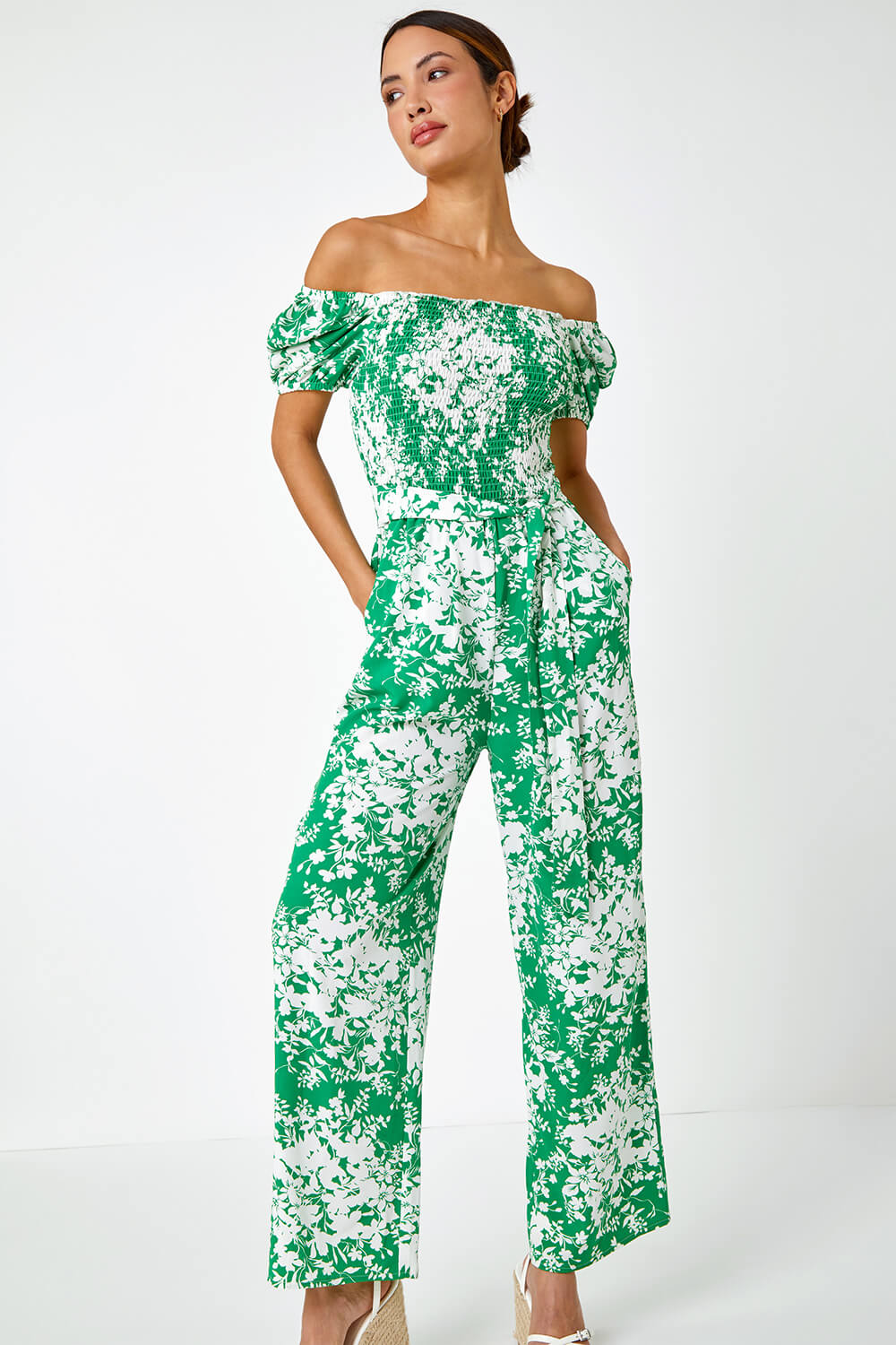 Green Ditsy Floral Stretch Shirred Jumpsuit, Image 4 of 5