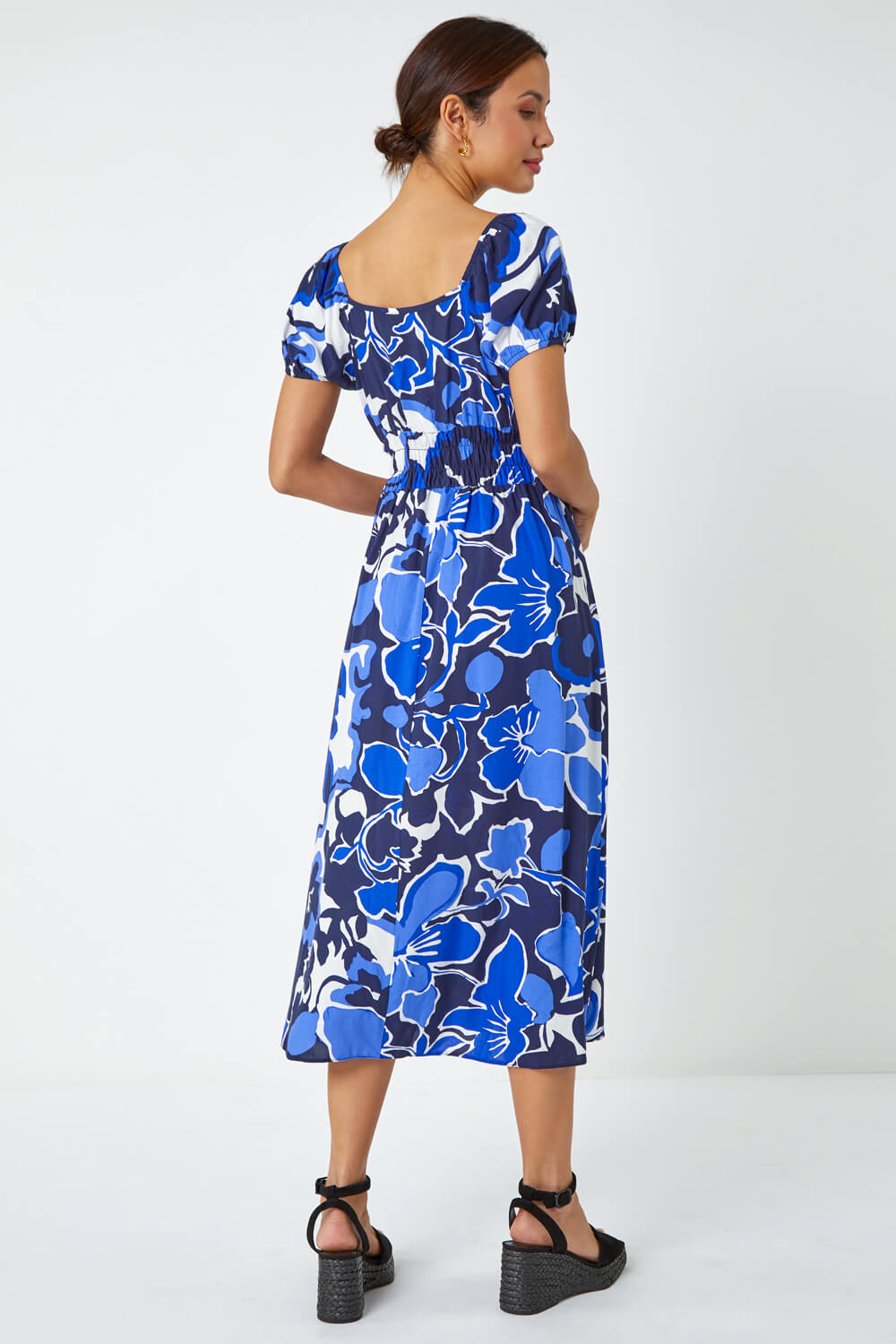 Royal Blue Floral Print Puff Sleeve Midi Dress, Image 3 of 5
