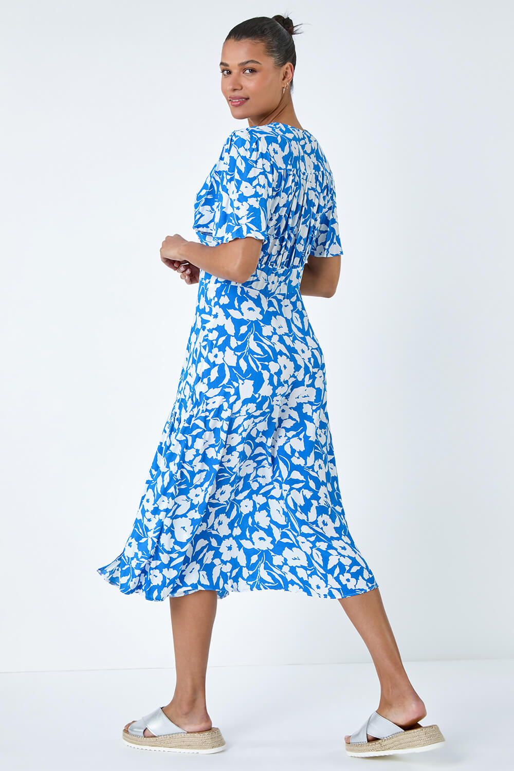 Blue Tiered Contrast Floral Print Dress, Image 3 of 5