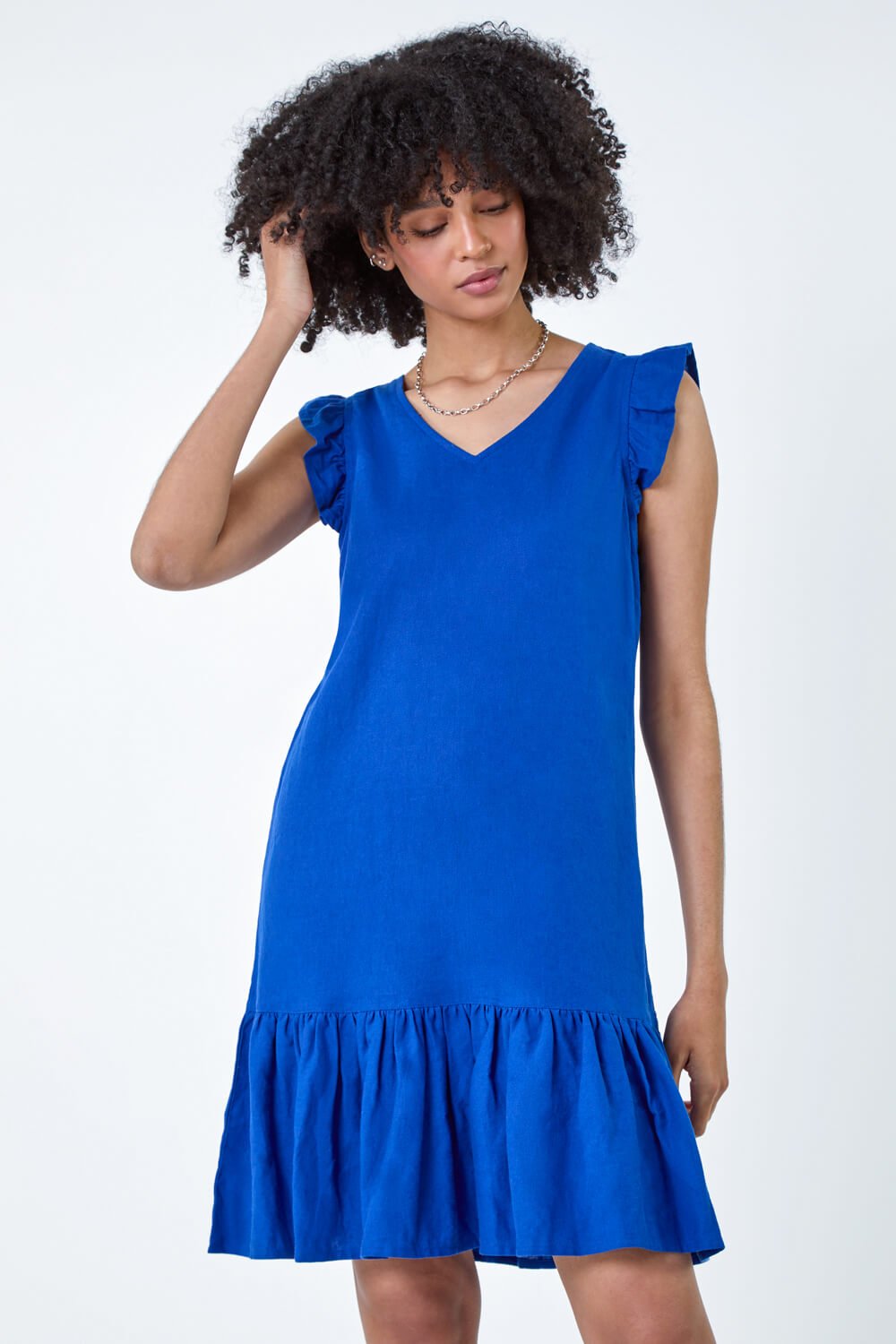 Royal Blue Linen Blend Frill Detail Dress, Image 2 of 5