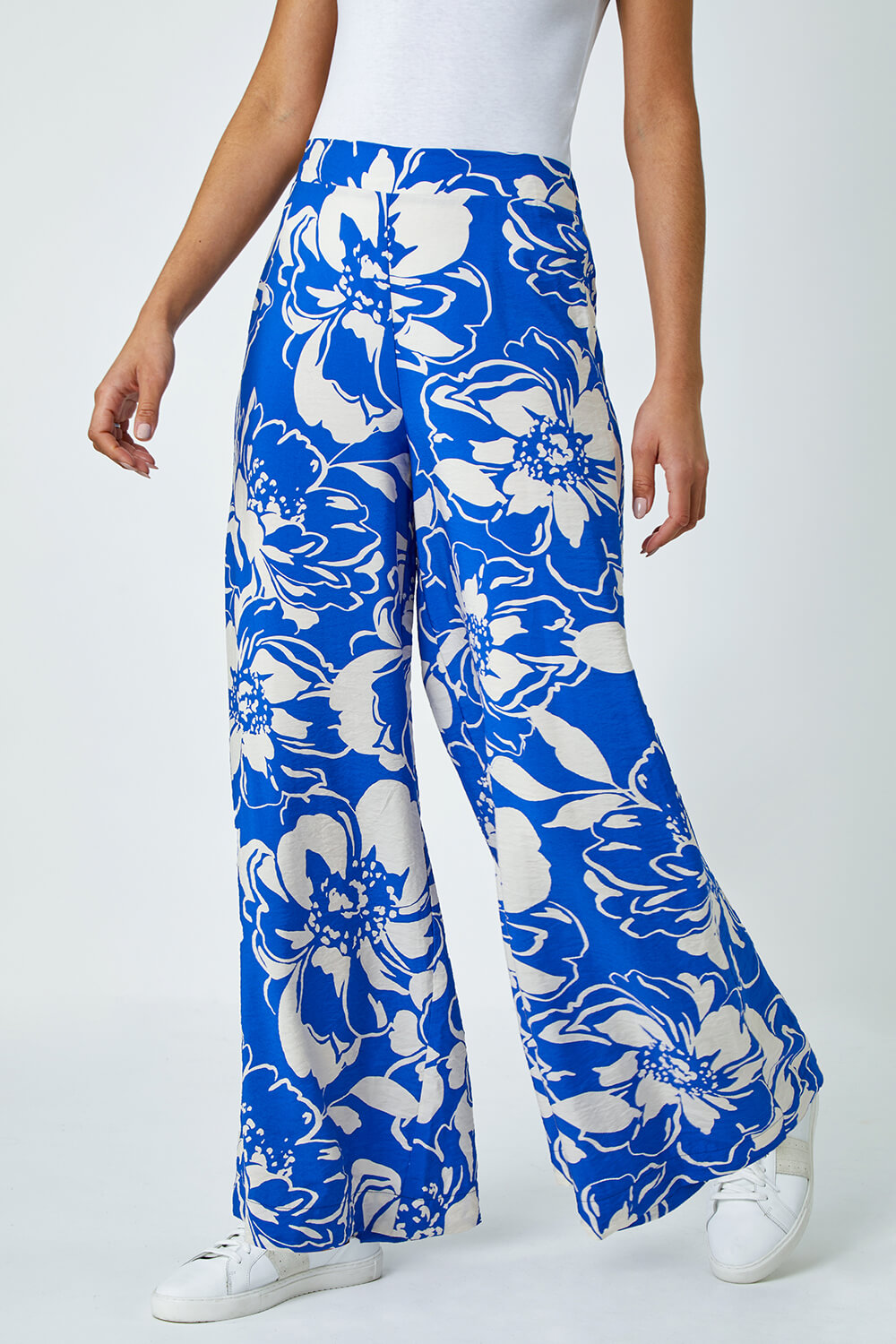 Blue Floral Print Wide Leg Trousers, Image 2 of 5