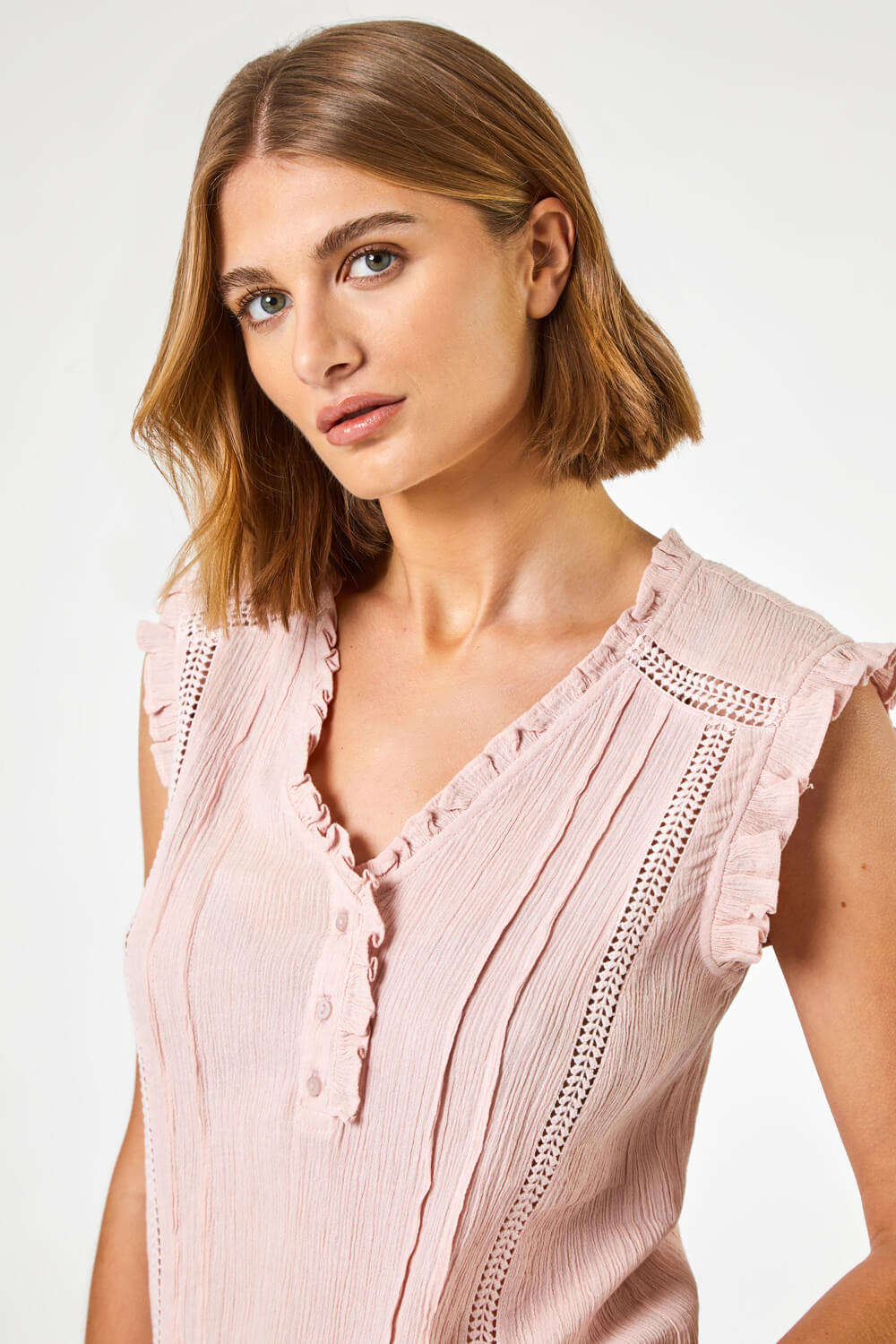 Light Pink Ruffle Detail Cotton Crinkle Top, Image 4 of 5