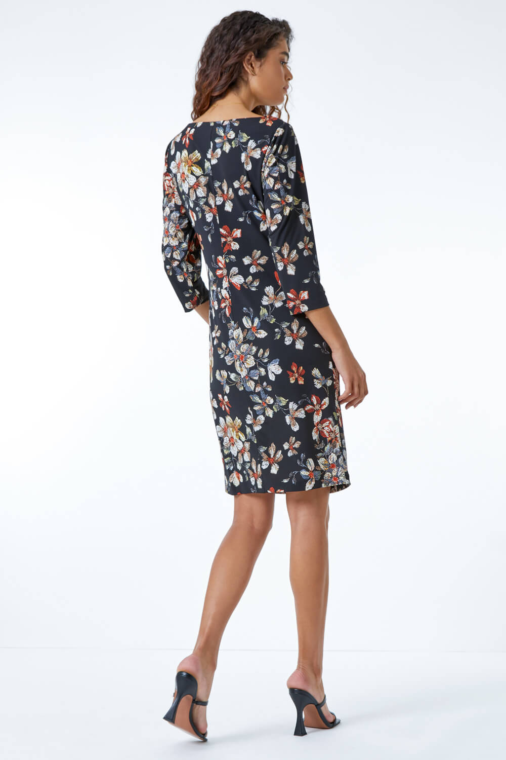 Black Textured Floral Print Ruched Waist Dress, Image 2 of 5